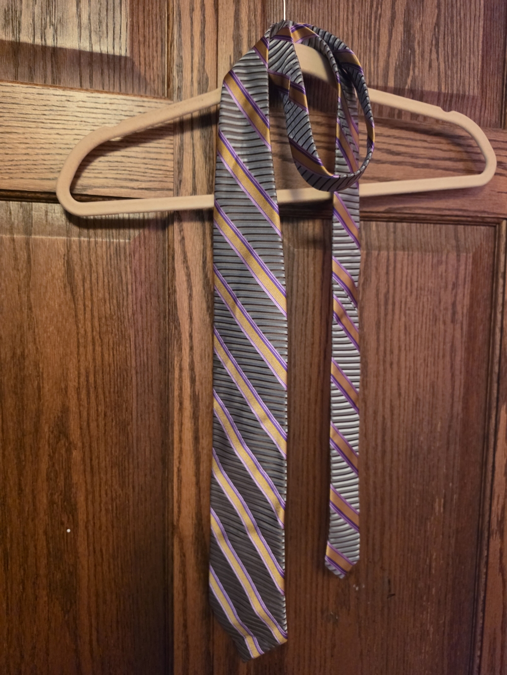 Jhane Barnes Gray Tie with Purple and Gold Diagonal Stripes